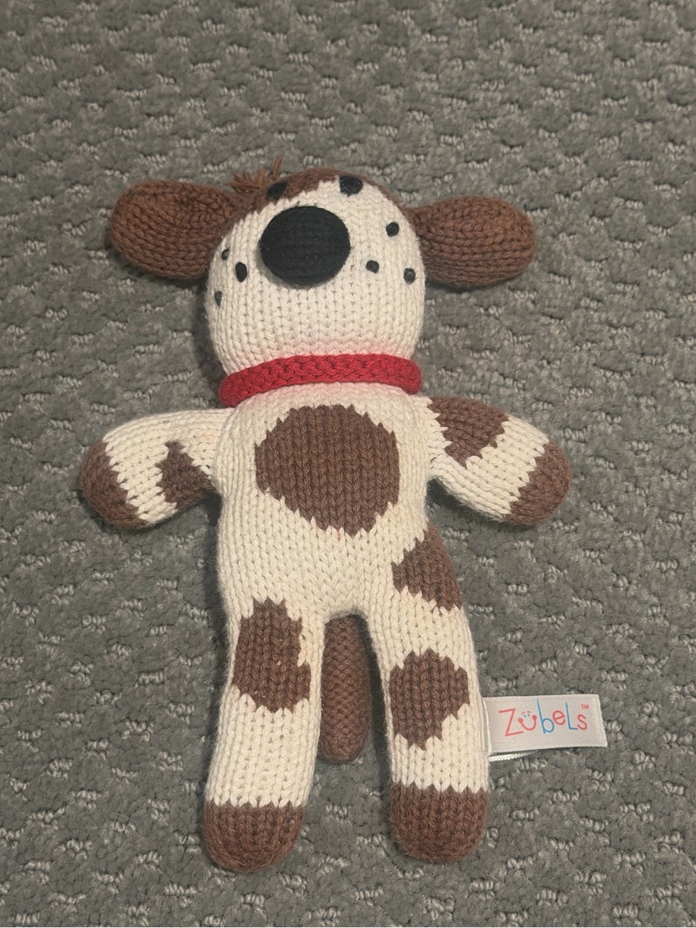 Never used Zubels Brown & Cream Knit Puppy Plush with Red Collar